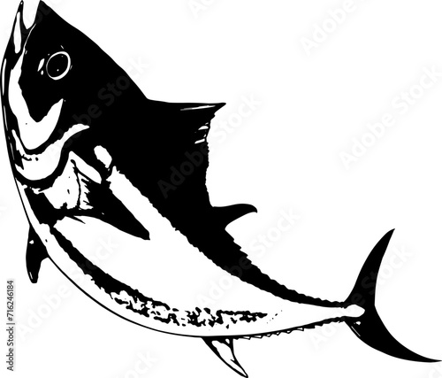 ジャンプするマグロの墨絵白黒線画シルエット
