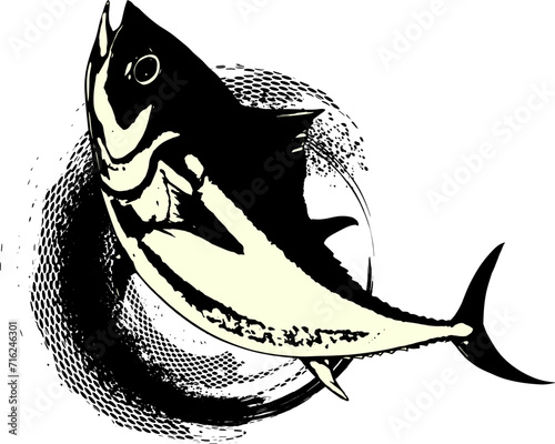 ジャンプするマグロと筆の墨絵