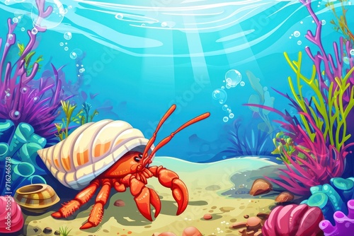 hermit crab with beautiful underwater world. Vector illustration cartoon style photo