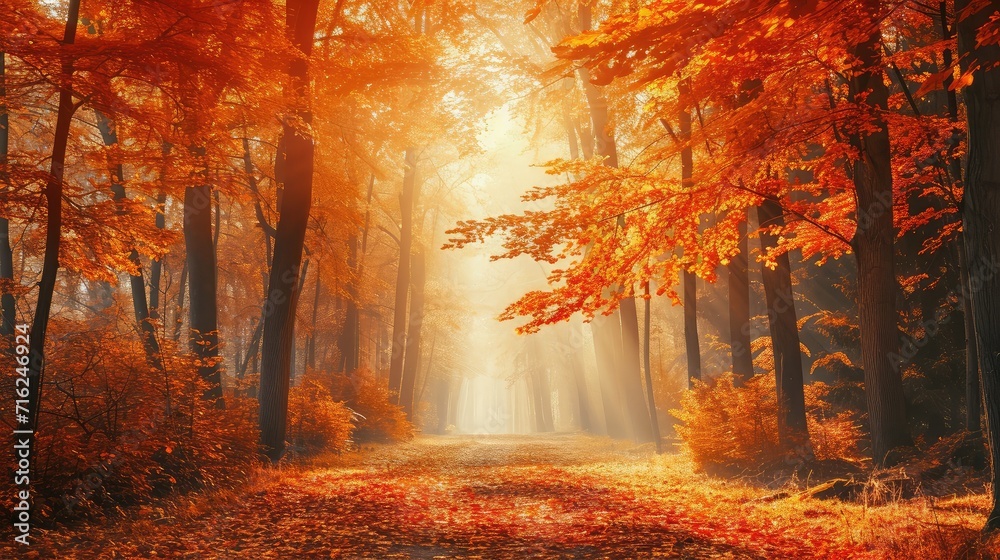 Autumn forest path. Orange color tree, red brown maple leaves in fall city park. Nature scene in sunset fog Wood in scenic scenery Bright light sun Sunrise of a sunny day, morning sunlight view.