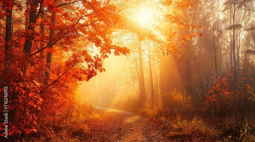 Autumn forest path. Orange color tree  red brown maple leaves in fall city park. Nature scene in sunset fog Wood in scenic scenery Bright light sun Sunrise of a sunny day  morning sunlight view.