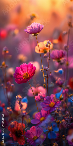 a vibrant meadow where flowers in various shades of red, pink, and purple form a rainbow.heart-shaped petals and butterflies to evoke a sense of love and warmth