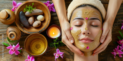 Woman with eyes closed in spa ayurvedic salon relaxing after taking massage treatment. Care about yourself beauty ayurveda treatment procedures concept. Body skin and hair care photo