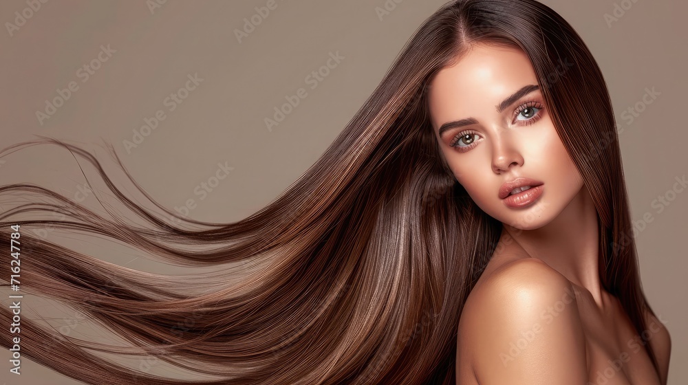 Beautiful model girl with shiny brown and straight long hair . Keratin straightening . Treatment, care and spa procedures. Smooth hairstyle Beautiful model girl with shiny brown and straight long hair . Keratin straightening . Treatment, care and spa procedures. Smooth hairstyle