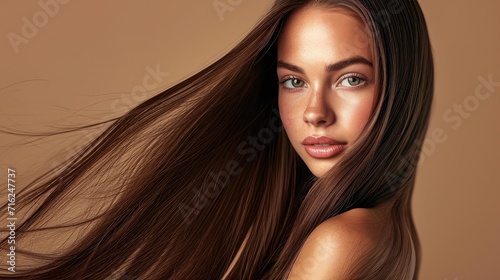 Beautiful model girl with shiny brown and straight long hair . Keratin straightening . Treatment, care and spa procedures. Smooth hairstyle photo
