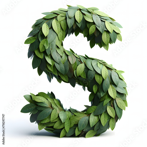 The letter S is made out of leaves, leaves Alphabet, on a White background, isolated on white, photorealistic	
 photo