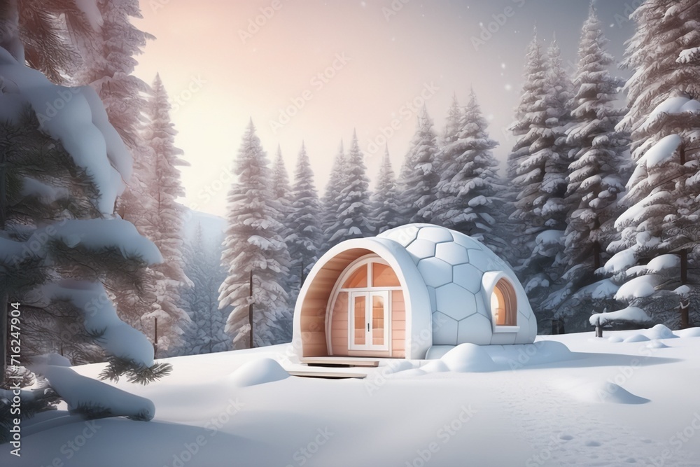 Cozy igloo house in beautiful winter forest - obrazy, fototapety, plakaty 