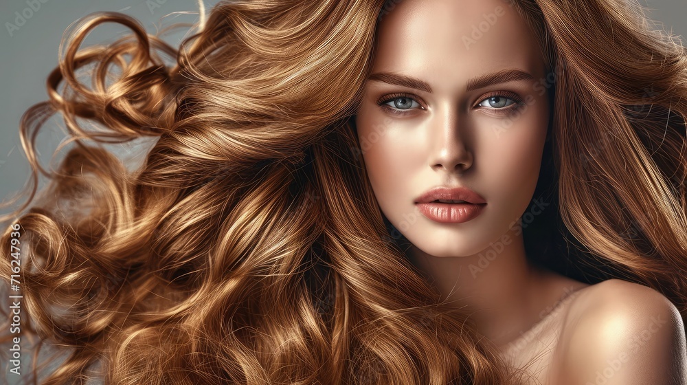 Fototapeta premium Beauty girl with long and shiny wavy Hair ,coloring and toning, shatush and balayash . Beautiful woman model with curly hairstyle .