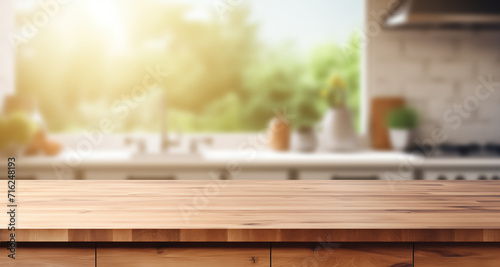 Empty old wooden table with kitchen in background