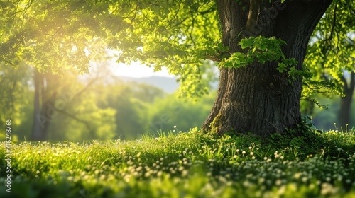 Big tree with fresh green leaves and green spring meadow © buraratn