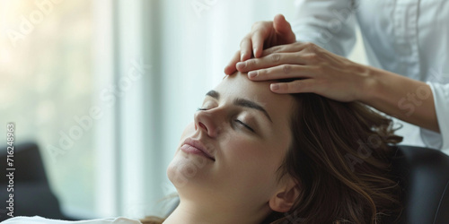 Hands of the masseur make manual cosmetology massage of face head to beautiful client woman with closed eyes. Concept of natural scalp treatment hair growth release stress and tiredness stimulation