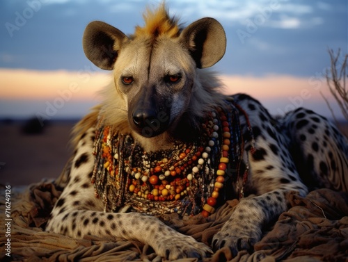 A hyena wearing a necklace and beads on its neck. Generative AI.