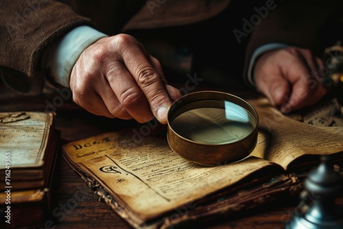 someone examining an old and crumpled map with a magnifying glass