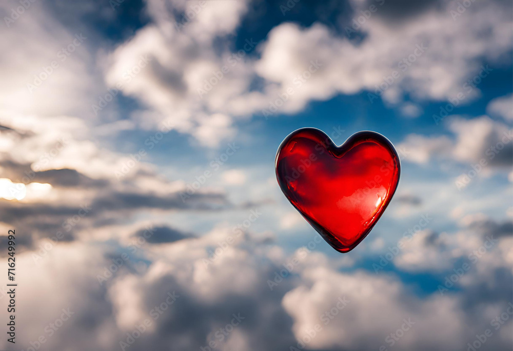 Heavenly Love: A red heart-shaped cloud floats in the blue sky, symbolizing romance and the spirit of Valentine's Day, creating a whimsical and dreamy atmosphere in nature