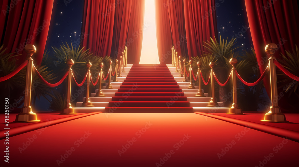 Red carpet staircase with smoke and spotlights, holiday awards ceremony event Red carpet staircase with smoke and spotlights, holiday awards ceremony event