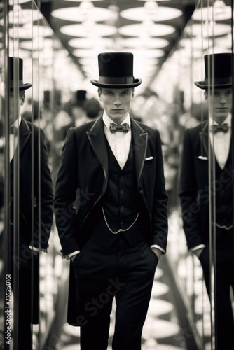 A man in a top hat and suit standing in front of mirrors. Generative AI.