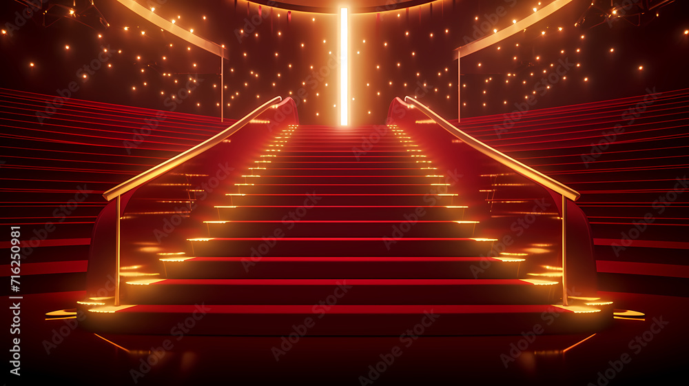 Red carpet staircase with smoke and spotlights, holiday awards ceremony event Red carpet staircase with smoke and spotlights, holiday awards ceremony event