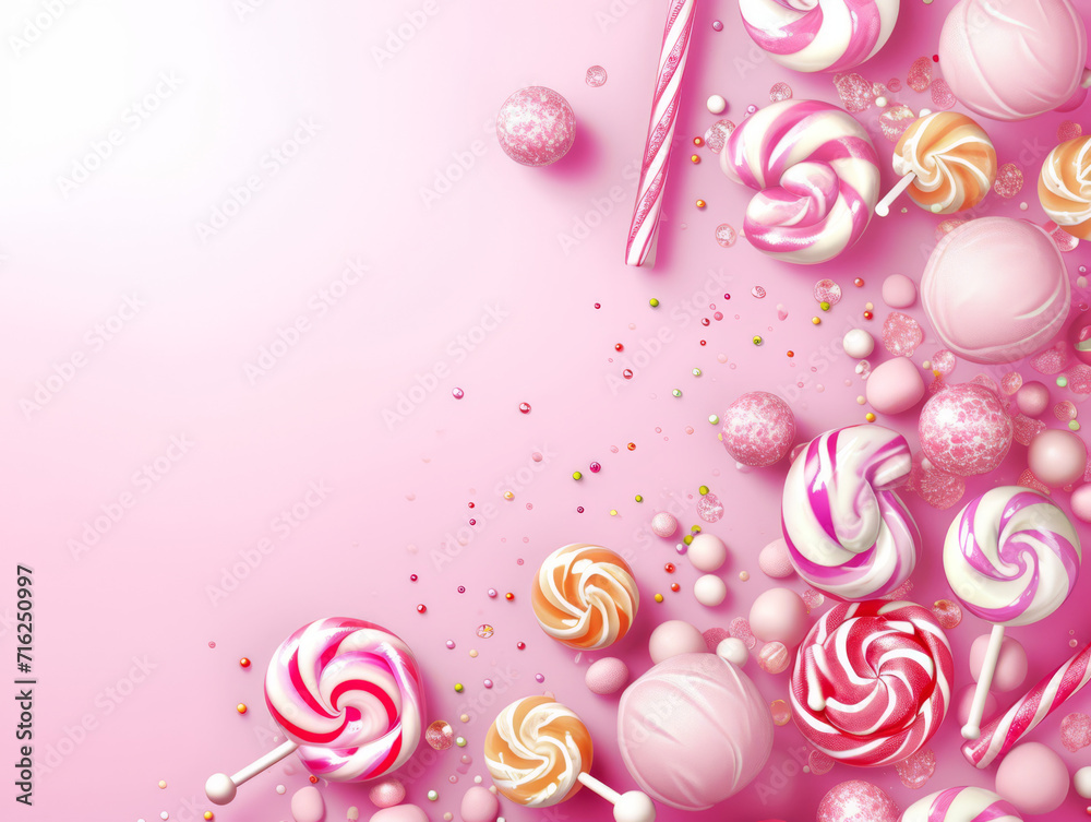 A playful and colourful assortment of candies and lollipops on a pastel background creates a frame for a message. A playful and colourful assortment of candies and lollipops on a pastel background creates a frame for a message.