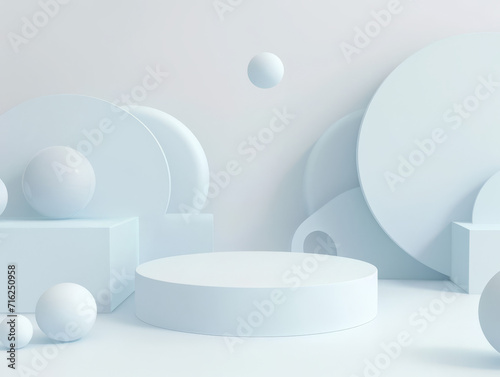 White geometric shapes on a light blue pastel background for product display. © Jan