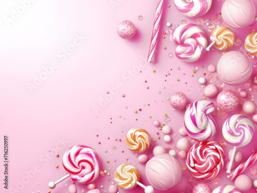 A playful and colourful assortment of candies and lollipops on a pastel background creates a frame for a message.
