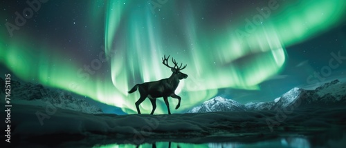 A deer stands in front of a green aurora boreal light. Generative AI.