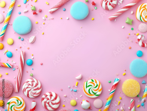 A playful and colourful assortment of candies and lollipops on a pastel background creates a frame for a message.