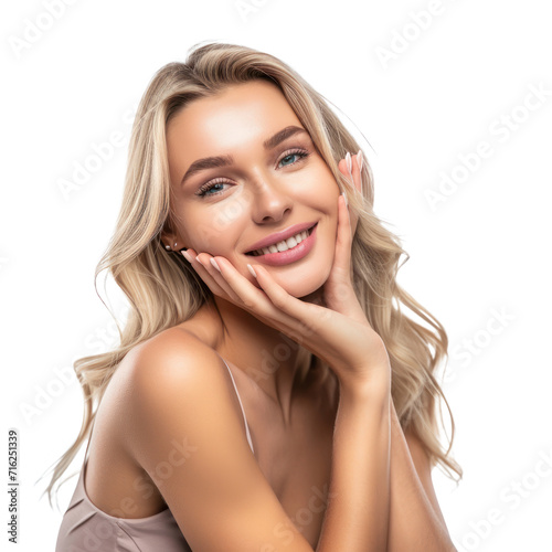Beautiful beauty young woman blonde long hair posing and makeup style with touch her face and perfect skin, Facial treatment, Cosmetology, plastic surgery, isolated on white background, png