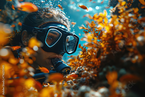 Underwater scuba diver explores the vibrant marine life in the deep blue sea with a mask, surrounded by colorful coral, fish, and a tropical reef warm and inviting waters