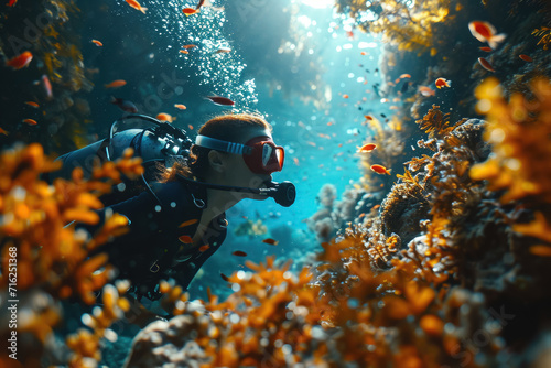 Underwater scuba diver explores the vibrant marine life in the deep blue sea with a mask  surrounded by colorful coral  fish  and a tropical reef warm and inviting waters