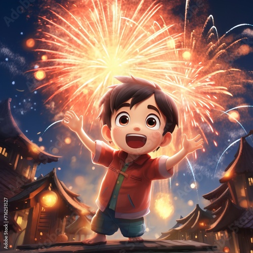 The big Chinese boy full of fireworks set off fireworks in the night sky, and the colorful fireworks burst into beautiful light, ring lighting, Two-dimensional, 4K, high resolution generative ai
