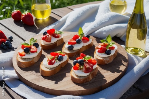 Summer outdoor stylish picnic served table with bruschettas, fruits and wine