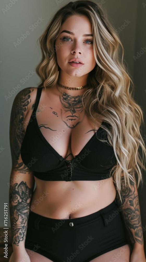 Happy tattooed woman Nordic influencers Long blonde hair, fat body
