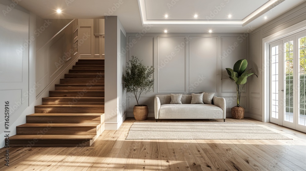 Fototapeta premium Loveseat sofa near wooden staircase.