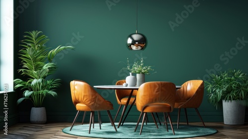 Orange leather chairs at round dining table against green wall.