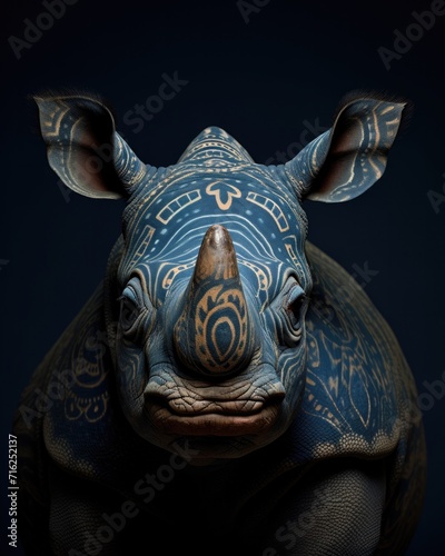 A rhino with a tribal pattern on its face. Generative AI.