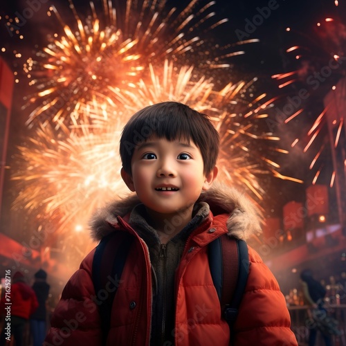 The big Chinese boy full of fireworks set off fireworks in the night sky, and the colorful fireworks burst into beautiful light, ring lighting, Two-dimensional, 4K, high resolution generative ai