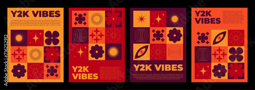 Y2k groovy red and orange posters. Vector realistic illustration of nightclub party flyers, flower, star, eye symbols on yellow background, retrowave vibe banners, creative geometric graphic design