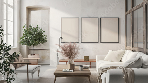 Mockup frame in interior background  room in light pastel colors . Ai Generative