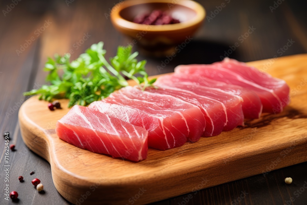 Close-up of Fresh raw Tuna fillet steak and sashimi on wooden board background, delicious food for dinner, healthy food, ingredients for cooking