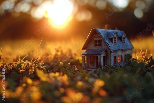 Sunset Serenity: Miniature Home on Meadow Wallpaper and Design, Generative AI
