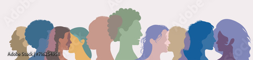 Silhouette of a group of multiethnic people. Racial equality in a multicultural society. Anti-racism concept. Profile silhouettes of different people