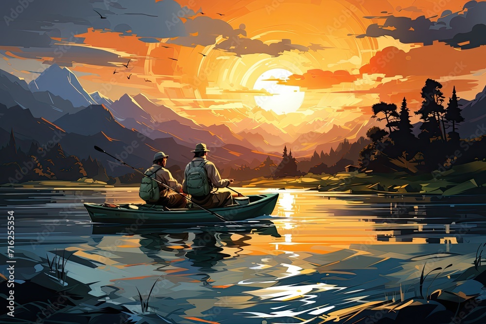 Illustration of fisherman on boats fishing against nature and sunset, Generative AI