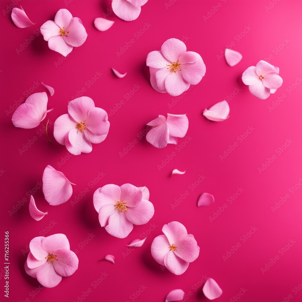 Flying pink rose petals against a pink background