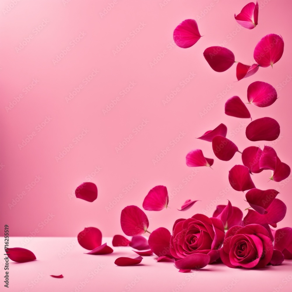 Flying pink rose petals against a pink background