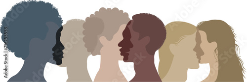 Silhouette of a group of multiethnic people. Racial equality in a multicultural society. Anti-racism concept. Profile silhouettes of different people