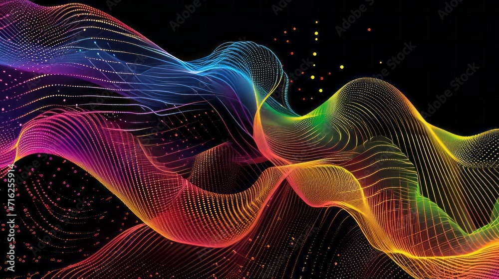 Line drawing of rainbow-colored dotted lines on a black background, a flowing curving composition evoking speed and flight, bold lines mixed with delicate lines Line drawing of rainbow-colored dotted lines on a black background, a flowing curving composition evoking speed and flight, bold lines mixed with delicate lines