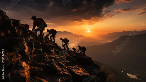 Silhouetted hikers ascend steep mountain terrain against a vibrant sunset sky, reflecting a sense of adventure. 
