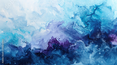 Abstract watercolor background combines cool blue, purple and silver colors