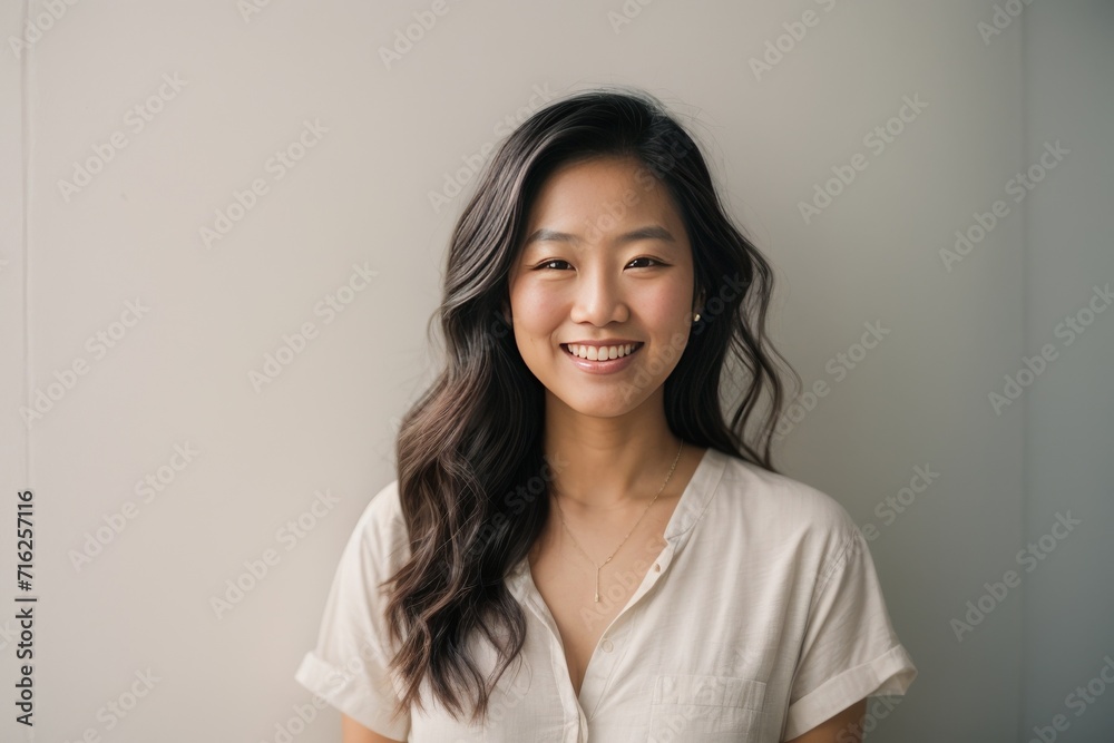 Portrait of young happy asian woman smiling standing in front of blank white wall looks in camera generative ai Portrait of young happy asian woman smiling standing in front of blank white wall looks in camera generative ai