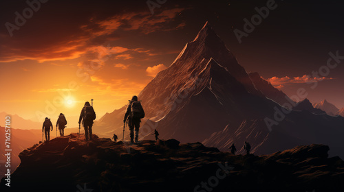 Silhouettes of mountaineers on a sunrise journey against the backdrop of an imposing mountain peak. 